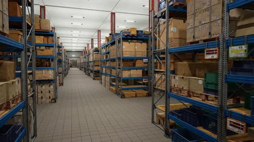 Industrial Warehouse Filled With Storage Boxes Labeled For Shipment