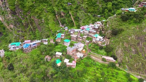 Drone Shot of Colorful Village Houses – Yulla Trek Start, Himachal
