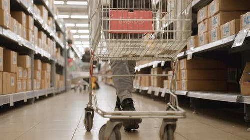 Low Angle Shopper Rolls Trolley Down Supermarket Aisle