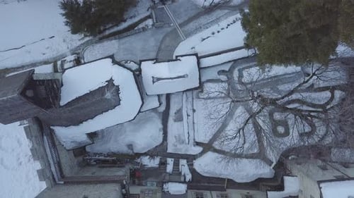 Flying over a medieval castle in Austria, Birdseye View