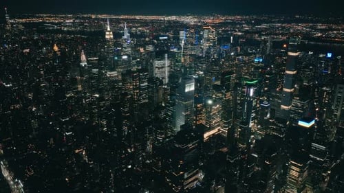 Aerial Time Square Downtown Panorama Drone Above High Skyscrapers Buildings