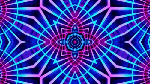 Colorful abstract design with blue and pink center and red center. Kaleidoscope VJ loop
