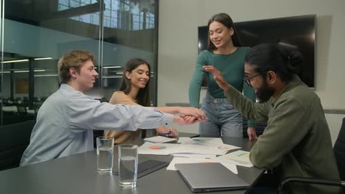 Happy Business People Women Men Stacking Hands in Pile Together at Office Multi Ethnic Colleagues