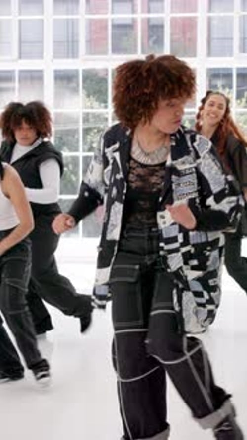People, practice or movement in studio for dance, attitude or rehearsal for performance