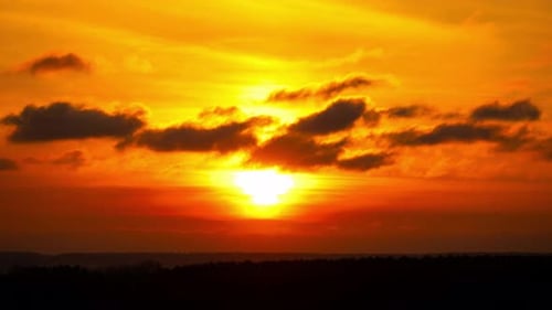 Vibrant Orange Sunset Sky With Clouds Passing Over Tree Horizon