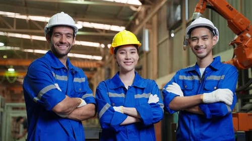 Portrait Group of male and female industrial worker working in factory.