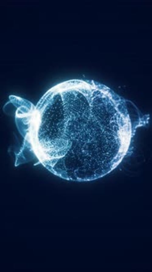 High-tech glowing sphere with blue digital particles forming complex structures in a virtual space