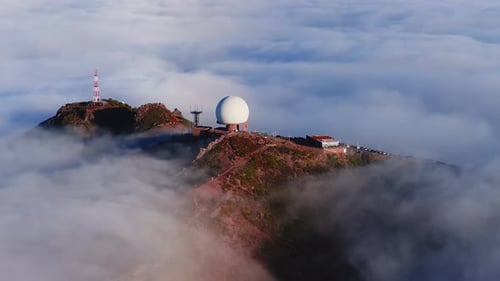 Aerial View of Pico Do Arieiro Radar Dome on Madeira at Cloud Sea