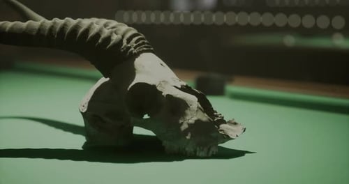Design complexe d'un crâne cornu affiché sur une table de billard verte