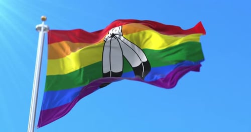 Waving Pride Flag with Native American Feather Symbol