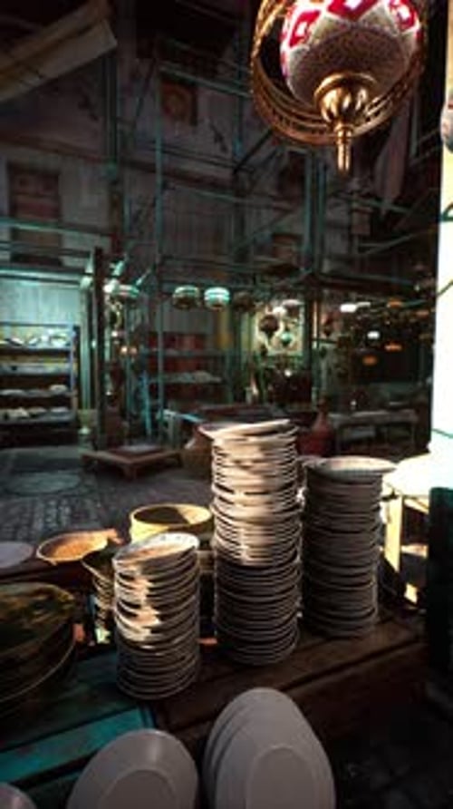 Vertical Pan Through Ancient Market with Ornate Lantern