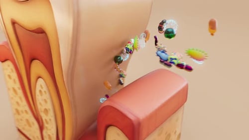 Conceptual 3D animation of periodontitis with bacteria under the gums