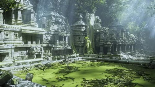 Ruines d'anciens temples au Cambodge entourées d'un feuillage luxuriant de la jungle