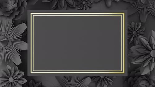 Mockup of Black Postcard with Golden Frame and Paper Flowers. Loop. 3D