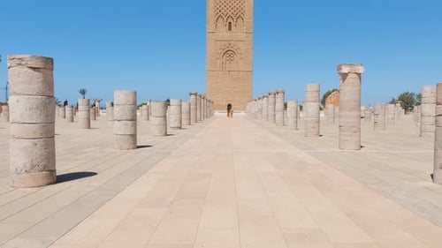Looking up at Hassan tower historical monument in marble square, Rabat, Morocco
