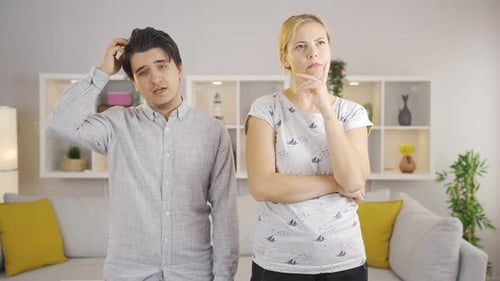 Confused mother and son, thoughtful.