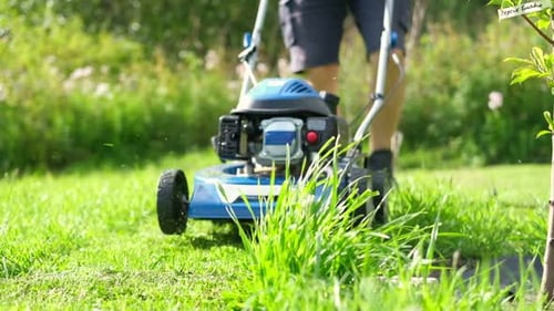 Tondeuse à gazon, les petites tontes d'herbe s'envolent de la tondeuse à gazon. Les tontes de gazon sont crachées