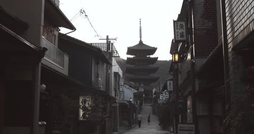 Slide shot of a beautiful temple during sunrise in Kyoto, Japan 4K slow motion