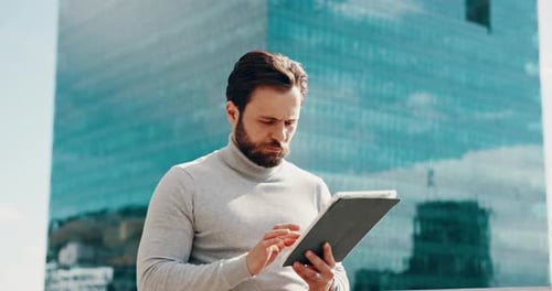 Business, online reading and man in city, tablet and email with budget report, app and connection
