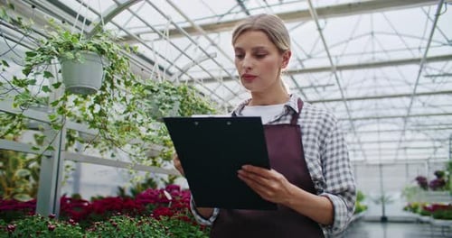 Femme caucasienne marchant à côté de plantes poussant dans de petits pots vérifiant le nombre de fleurs prêtes
