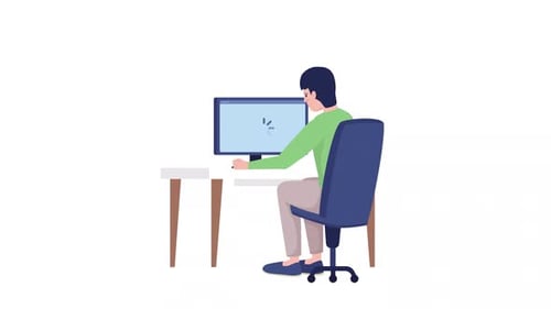 Flat Design Animation of Person Working on Computer with Loading Screen