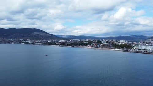 Aerial Footage Above Yacht in Sudak's City Bay in Crimea