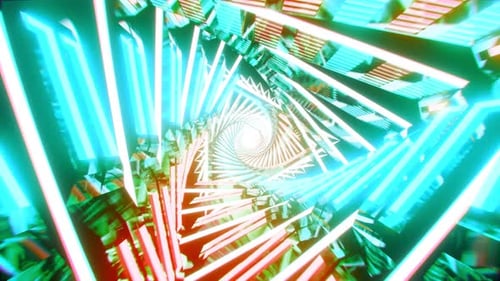 Futuristic abstract tunnel with glowing swirling triangles, seamless looped