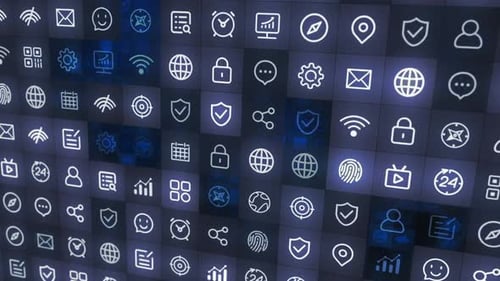 Animated Digital Icons Grid with Modern Technology Background