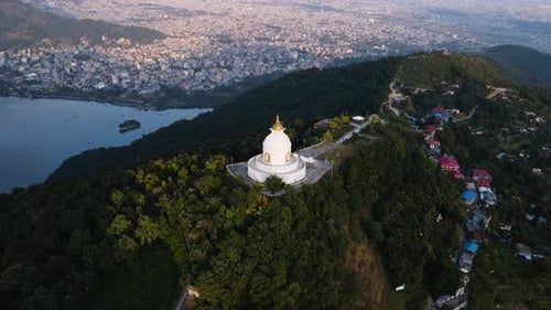 Shanti Stupa World Peace Pagoda In Nepal - Aerial Shot