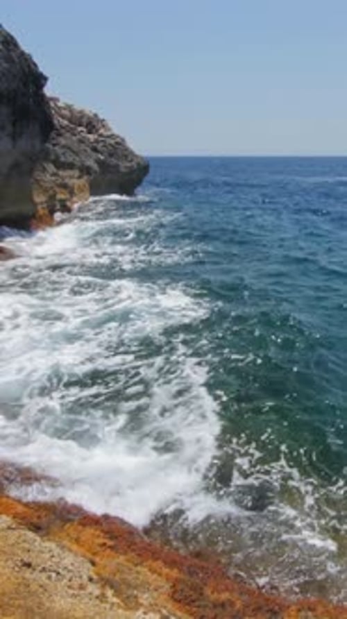 Waves Gently Crashing Against Rocky Shore Clear Blue Water and Foamy Surf Vertical Video
