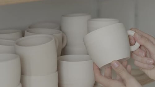 Hands Inspecting a White Ceramic Mug on Shelf