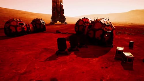 Martian Base Featuring Habitat Modules and Landing Equipment at Sunset