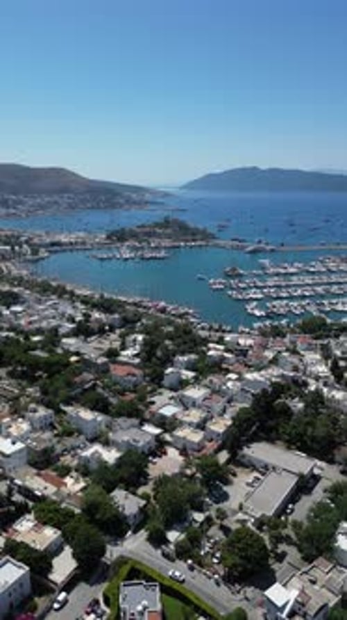 Aerial view of Bodrum Castle and harbour, Bodrum, Mugla, Turkey.
