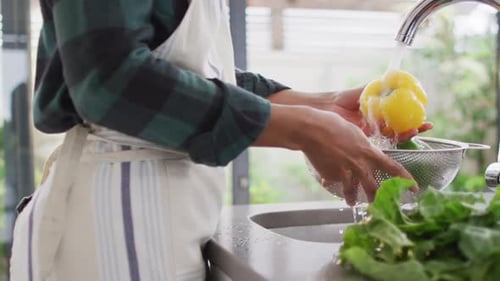 Video of hands of asian woman washing vegetables