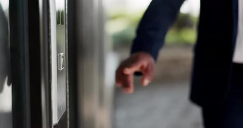 Elevator button, person and press with business worker lift for office floor and wait