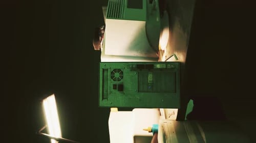 Vertikale alter Computer aus den 80ern in einem verlassenen Rechenzentrum