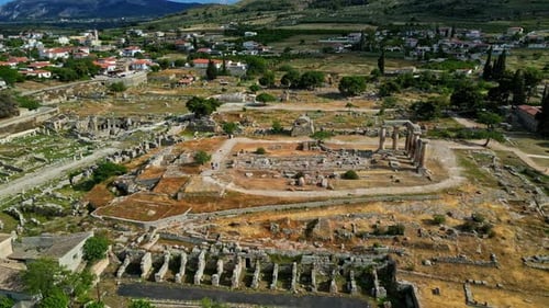 Temple Of Apollo Historical Landmark In Archaia Korinthos, Greece. Aerial Shot