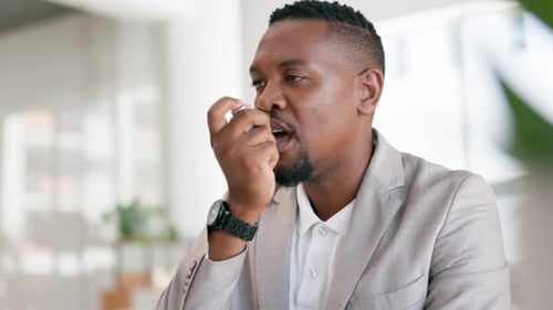 Black man, office and asthma, inhaler for breathing, help with chest pain from illness or allergy