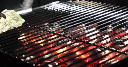 Person Grilling Oyster On An Open Charcoaled Fire. - Close Up Shot