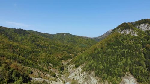 Green forests on mountain's slopes through beautiful valley at Autumn, aerial view