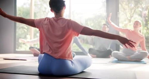 Yoga, instructor and group with stretching in studio for flexibility, holistic wellness