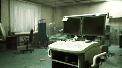Abandoned Hospital with Scattered Debris and Destroyed Equipment