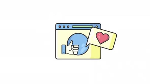 Ícone animado de curtir e amar nas redes sociais com símbolo de coração e polegar para cima