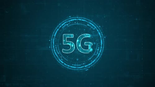 Blue digital 5G letter and circle futuristic HUD elements with flowing arrows