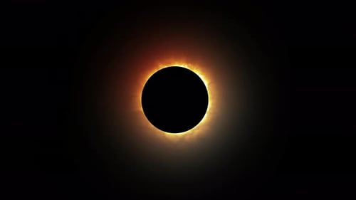 Realistisches Phänomen der vollständigen Sonnenfinsternis, bei dem der Mond die hellgelbe Sonne mit Strahlen überquert, insgesamt