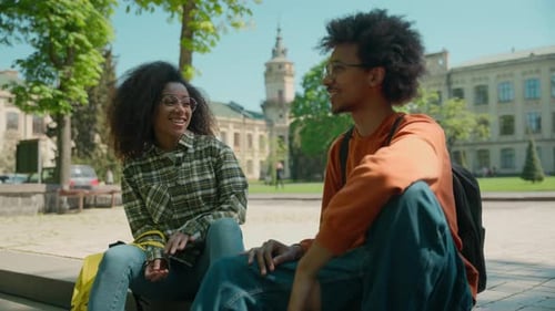 Two African American Female Male Students Friends Talking Smiling University Outdoors Ethnic