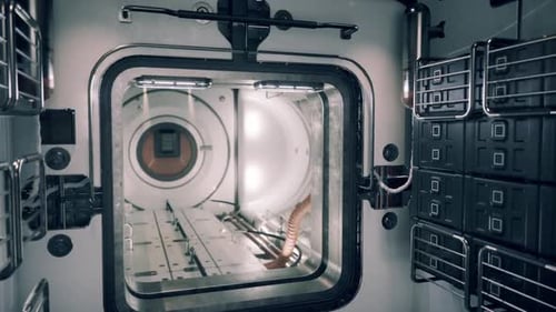Innenansicht eines modernen Raumstationsmoduls während einer Mission im Orbit