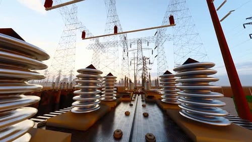 Modern Industrial Power Plant and Electricity Transmission Animation