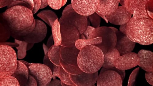 Sliced Salami Flies Up and Falls Down Filmed on a Highspeed Camera at 1000 Fps