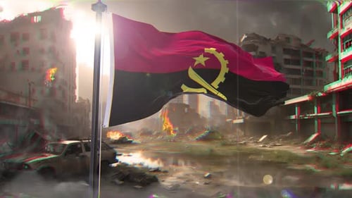Angola Flag Waving in War-Torn City with Glitch Effect